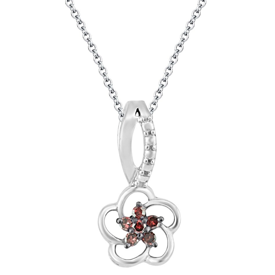 Natural Red Diamond Flower Pendant 18" Chain in Sterling Silver