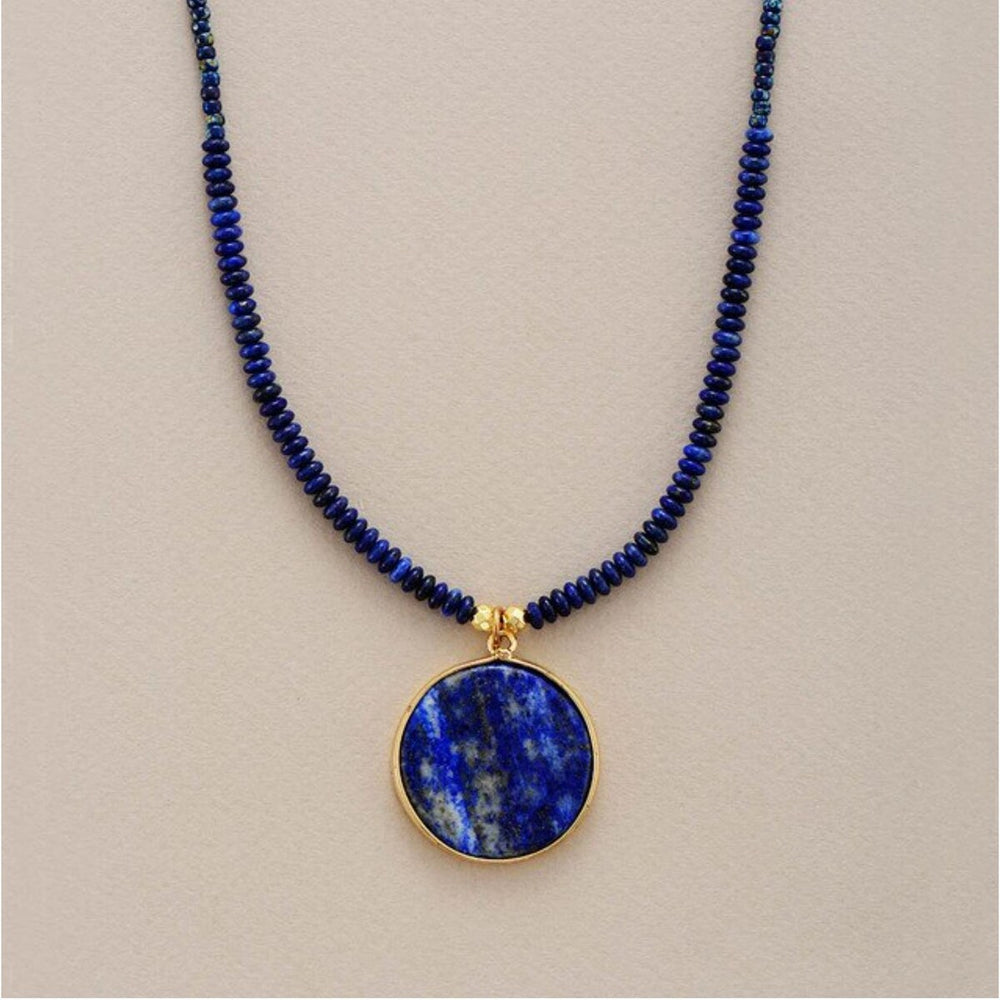 Natural Rondelle Lapis & Natural Sodalite Disc Pendant Necklace - White