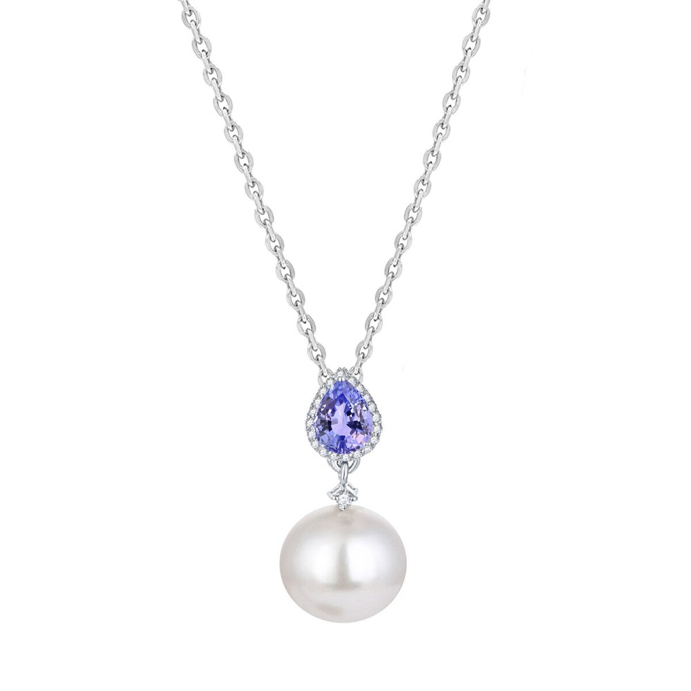 Natural Tanzanite and Shell Pearl Drop Pendant with 18" Chain