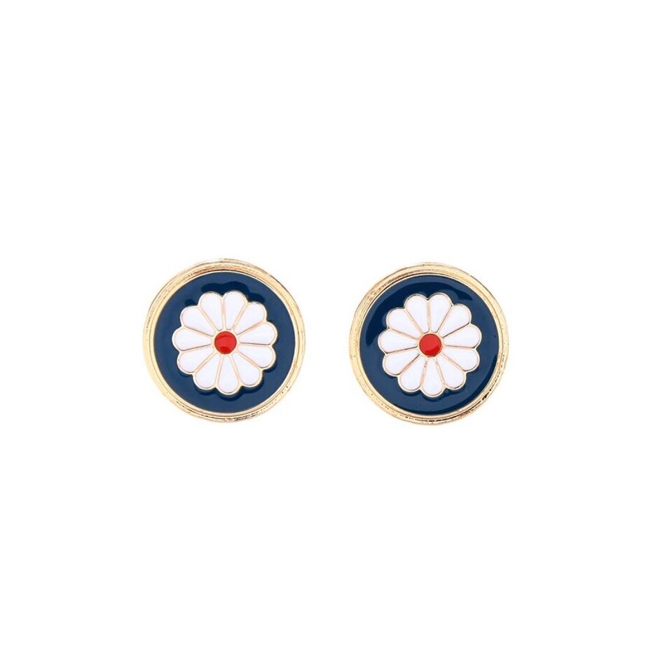 Navy Goldtone Floral Circular Earrings