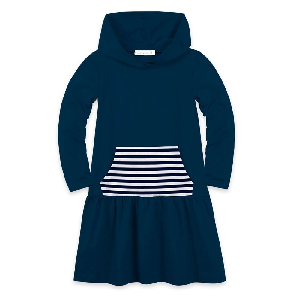 Navy Stripe Pocket Hooded Low Waist Dress