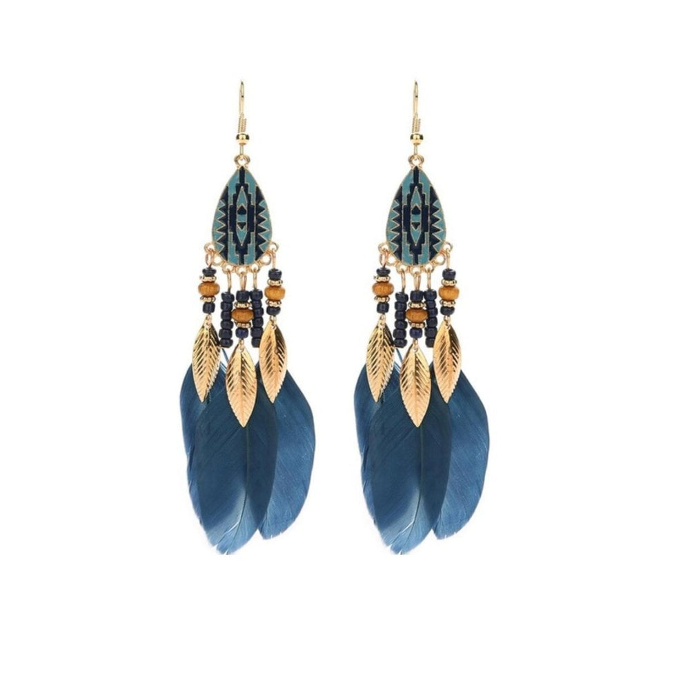 Navy Teardrop And Feather Boho Drop Earrings