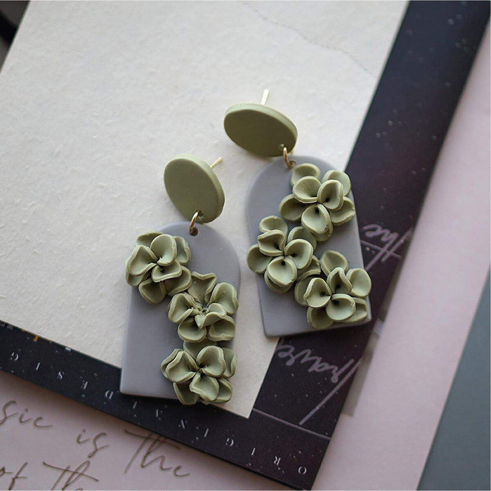 Olive Green & Grey Textured Arched Floral Clay Drop Earrings