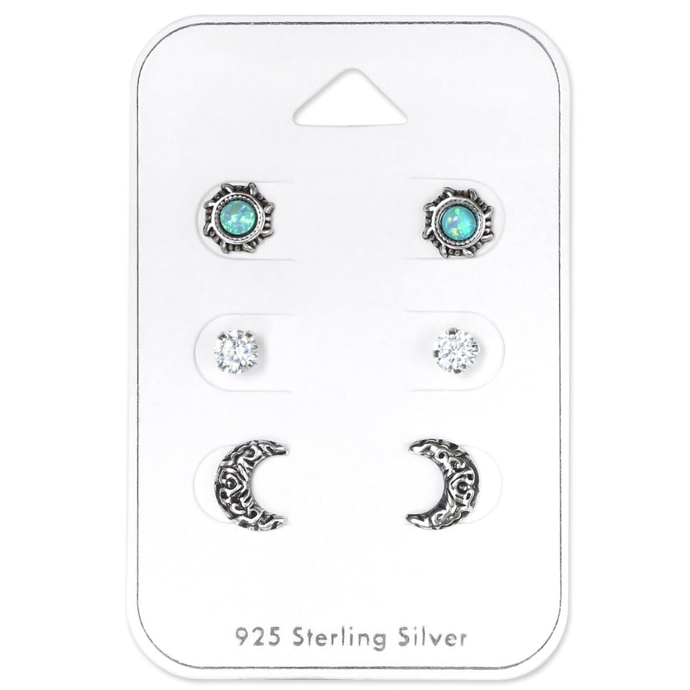 Opal Moon, Crystal Stud Moon Sterling Silver Ear Studs Set