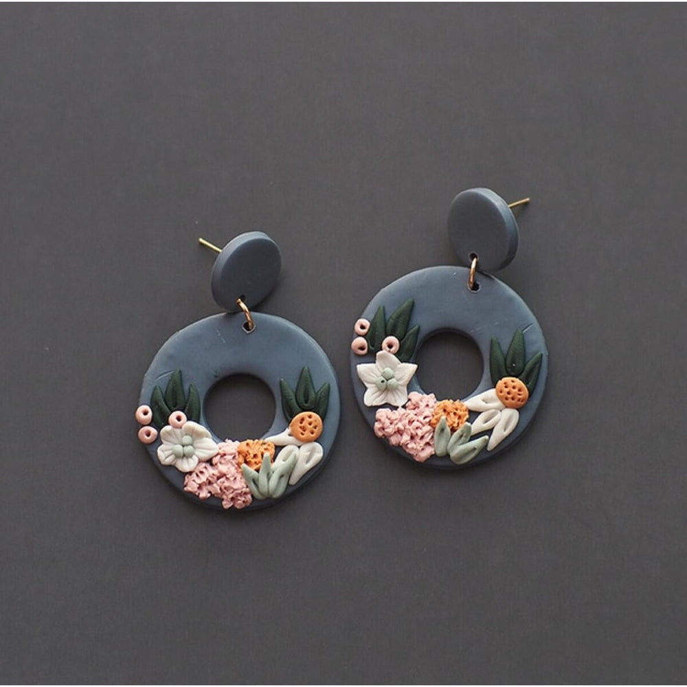 Open Circle Floral Polymer Clay Drop Earrings