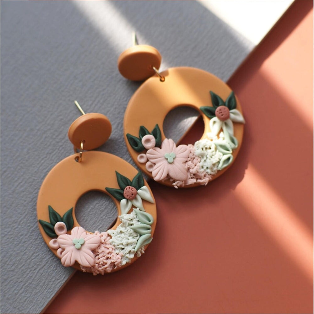 Open Circle Floral Polymer Clay Drop Earrings