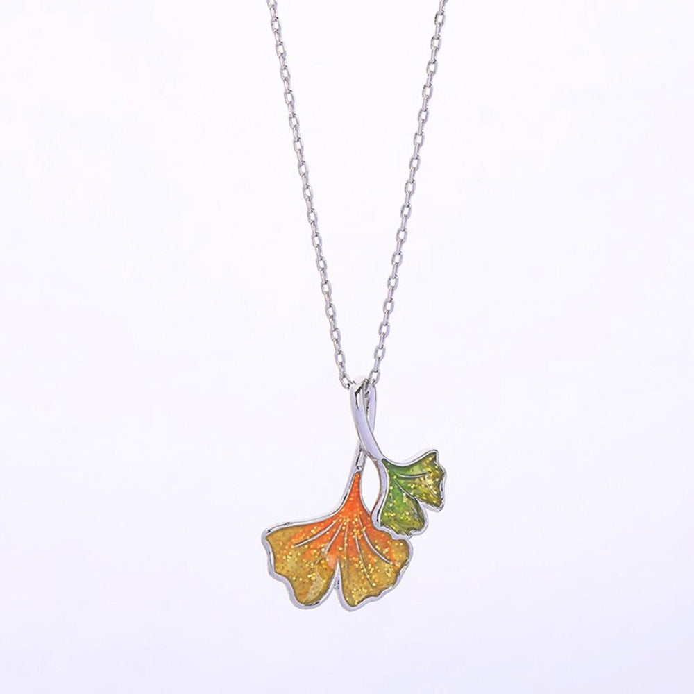 Orange Green Sparkle Ginkgo Pendant Necklace - White