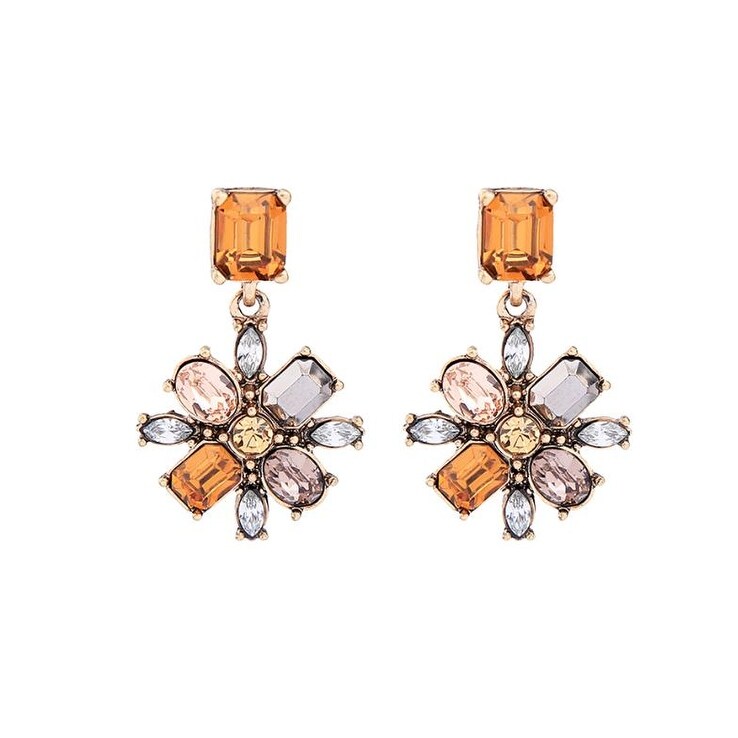 Orange Multi Colored Flower Crystal Drop Earrings