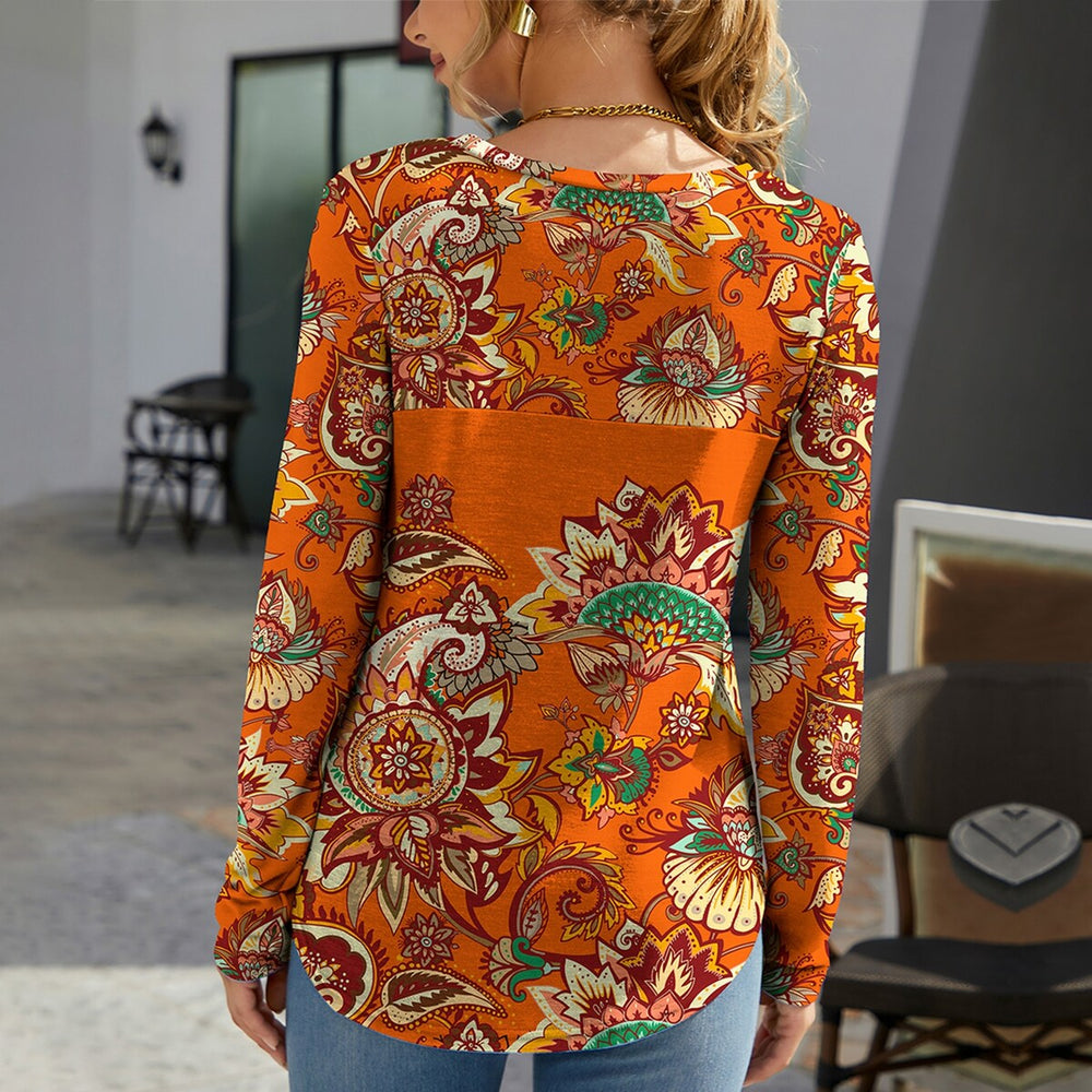 Orange Paisley Floral Print Round Neck Long Sleeve T-Shirt