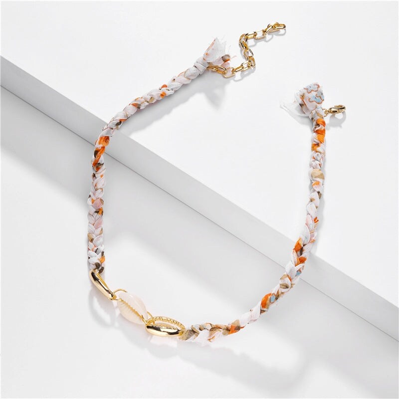 Orange White Braided Goldtone Shell Necklace