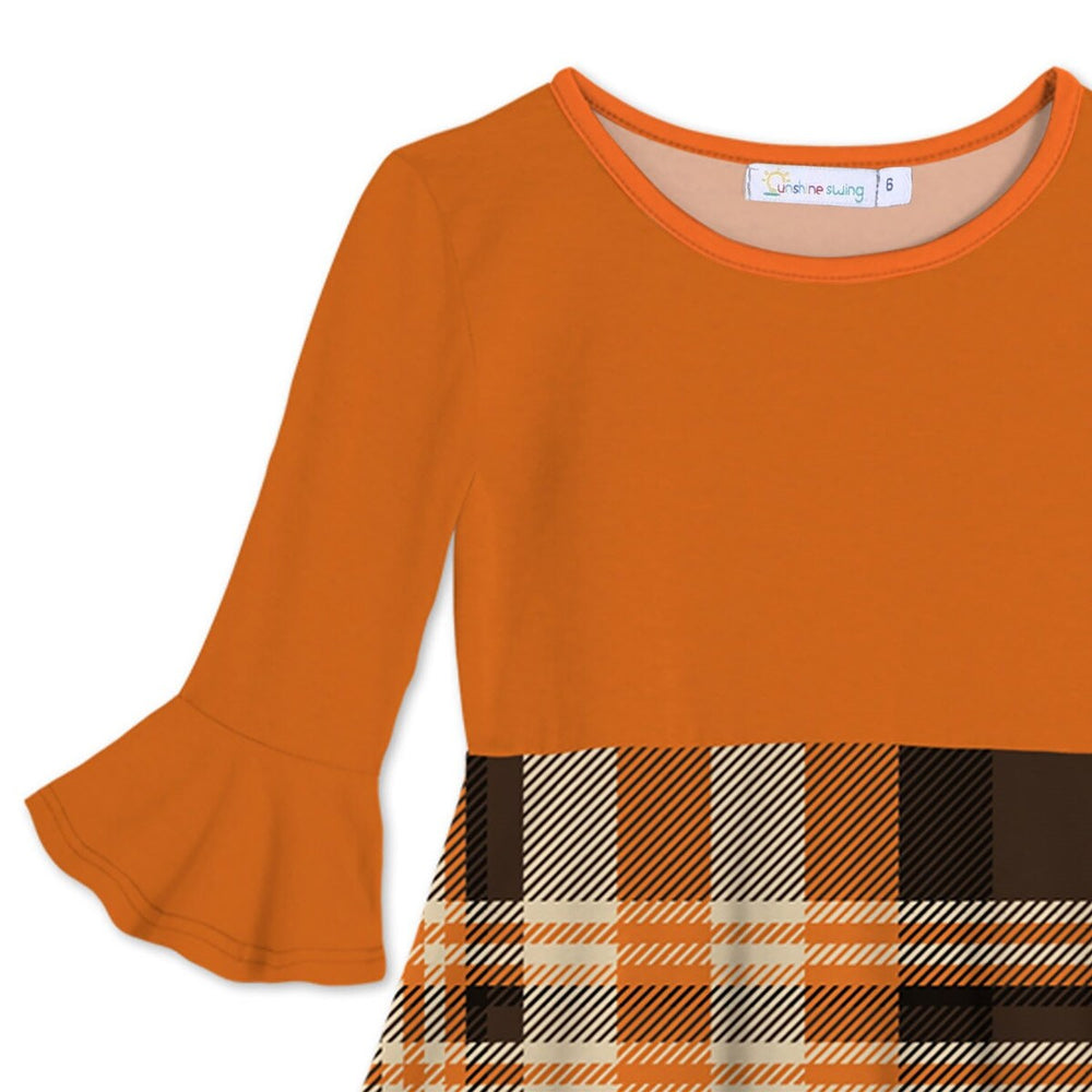 Orange & Brown Plaid Print Ruffle-Sleeve A-Line Dress