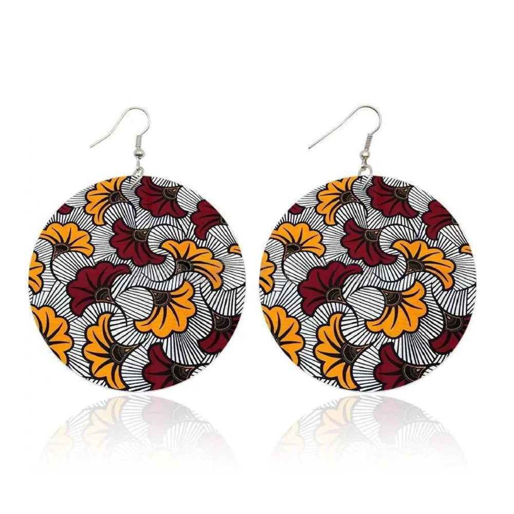 Orange & Burgundy Floral Circular Black and White Drop Earrings