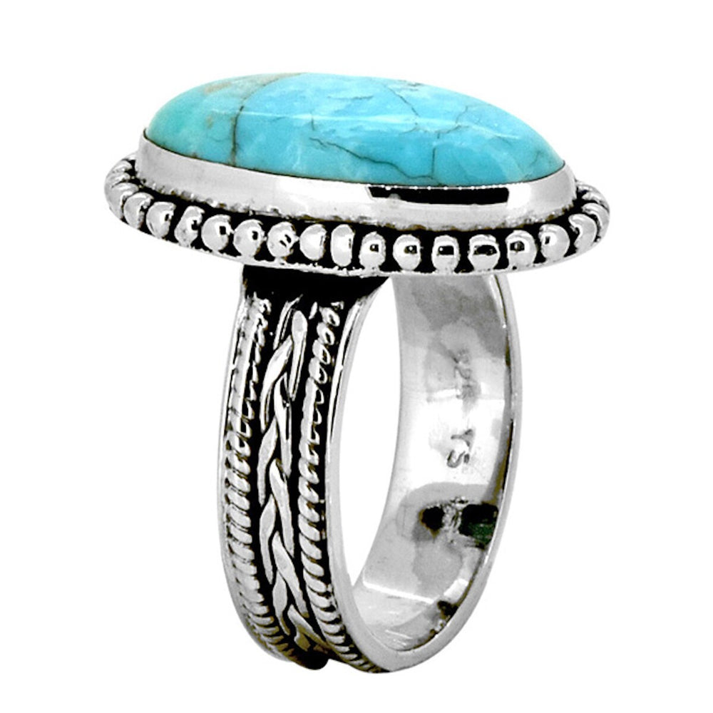 Oval Turquoise Sterling Silver Ring with Design Detail on band