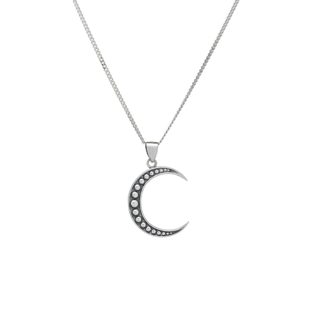 Oxidized Sterling Silver Beaded Crescent Moon Pendant Necklace - White