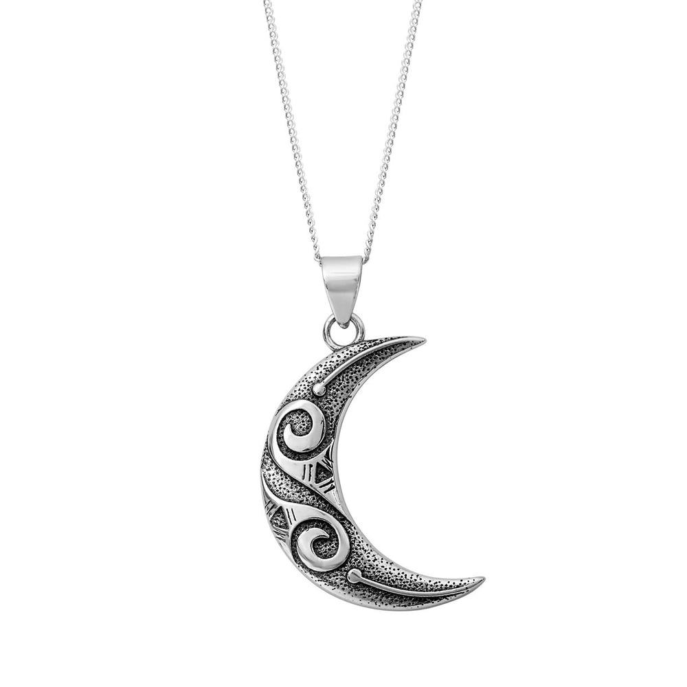 Oxidized Sterling Silver Celtic Crescent Moon Pendant Necklace - White