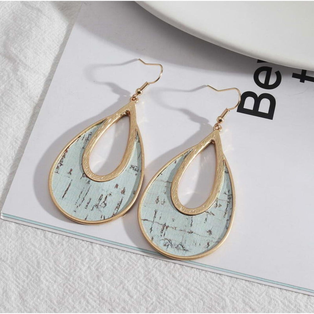 Pale Blue and Goldtone Cutout Teardrop Earrings