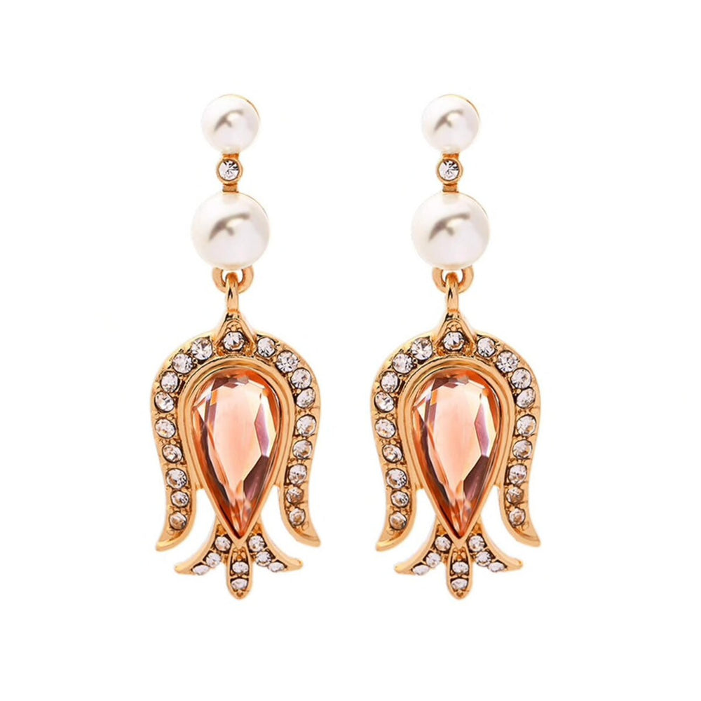 Peach Crystal Imitation Pearl Drop Earrings