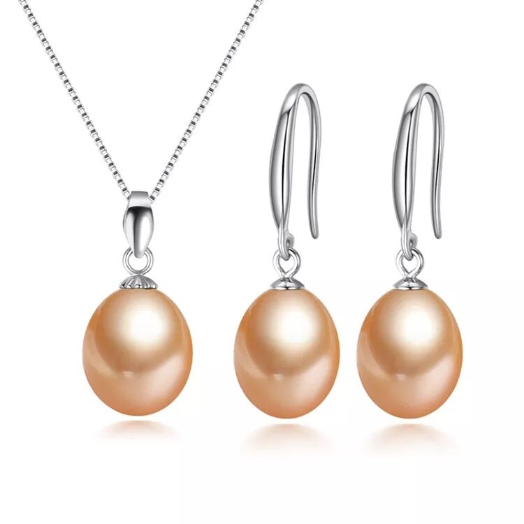 Peach Freshwater Pearl Classic Earring Necklace Set - White