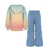 Peach Pink & Light Turquoise Ombre Print Hooded Top & Light Blue Chambray Tiered Pants