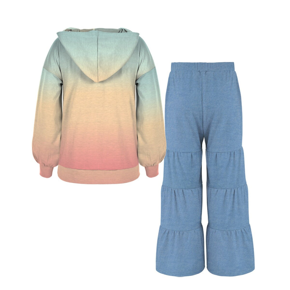 Peach Pink & Light Turquoise Ombre Print Hooded Top & Light Blue Chambray Tiered Pants