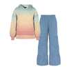 Peach Pink & Light Turquoise Ombre Print Hooded Top & Light Blue Chambray Tiered Pants