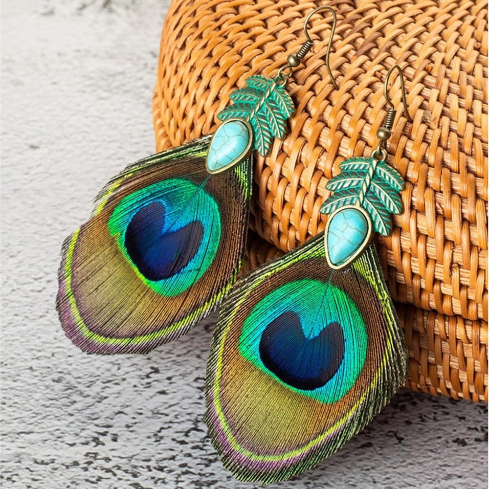 Peacock Style Feather Turquoise Drop Earrings