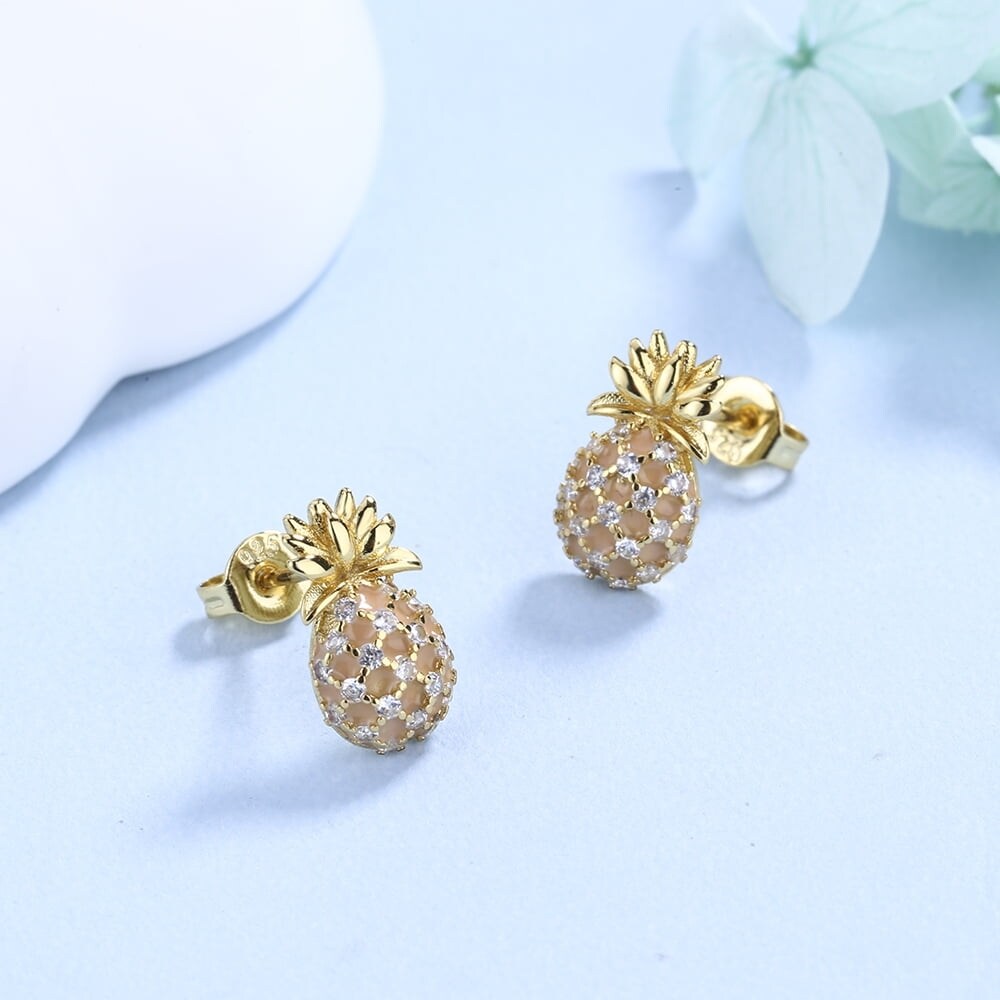 Pineapple Stud Earrings with Swarovski Crystals in 18K Gold