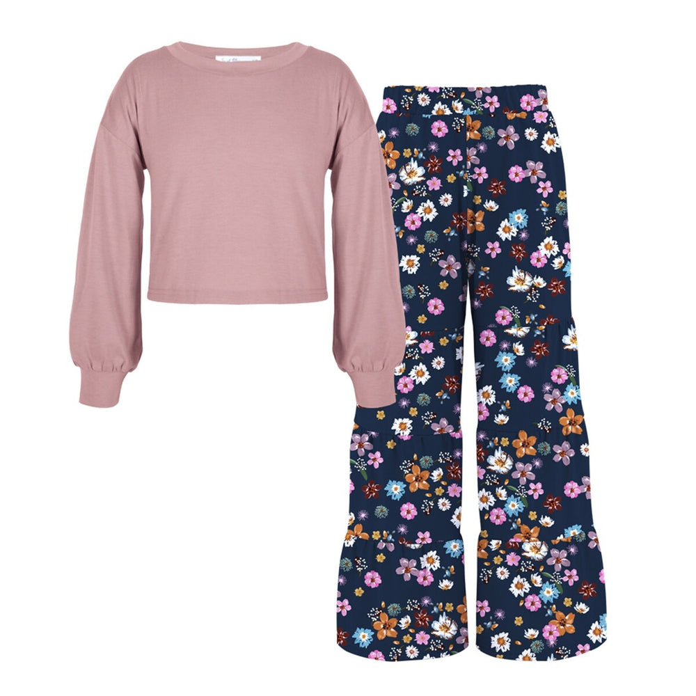 Pink Bishop-Sleeve Top & Navy Floral Print Tiered Pants