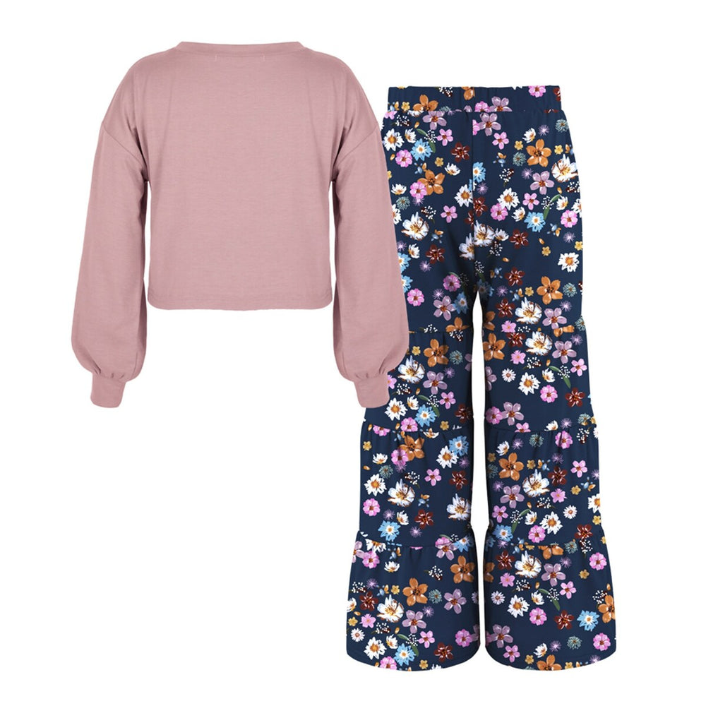 Pink Bishop-Sleeve Top & Navy Floral Print Tiered Pants