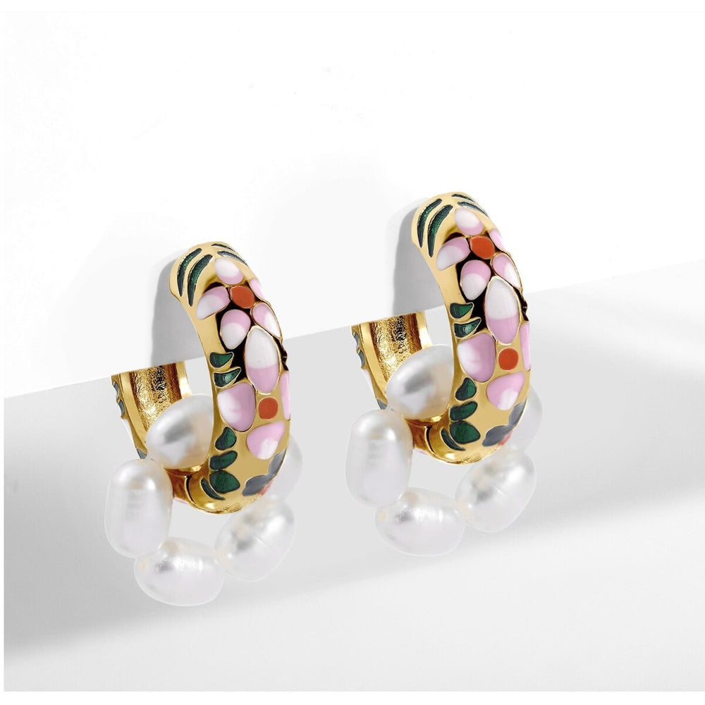 Pink Black Floral Huggie Earrings With Imitation Pearl