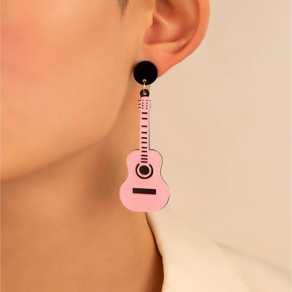 Pink Black Guitar Drop Earrings