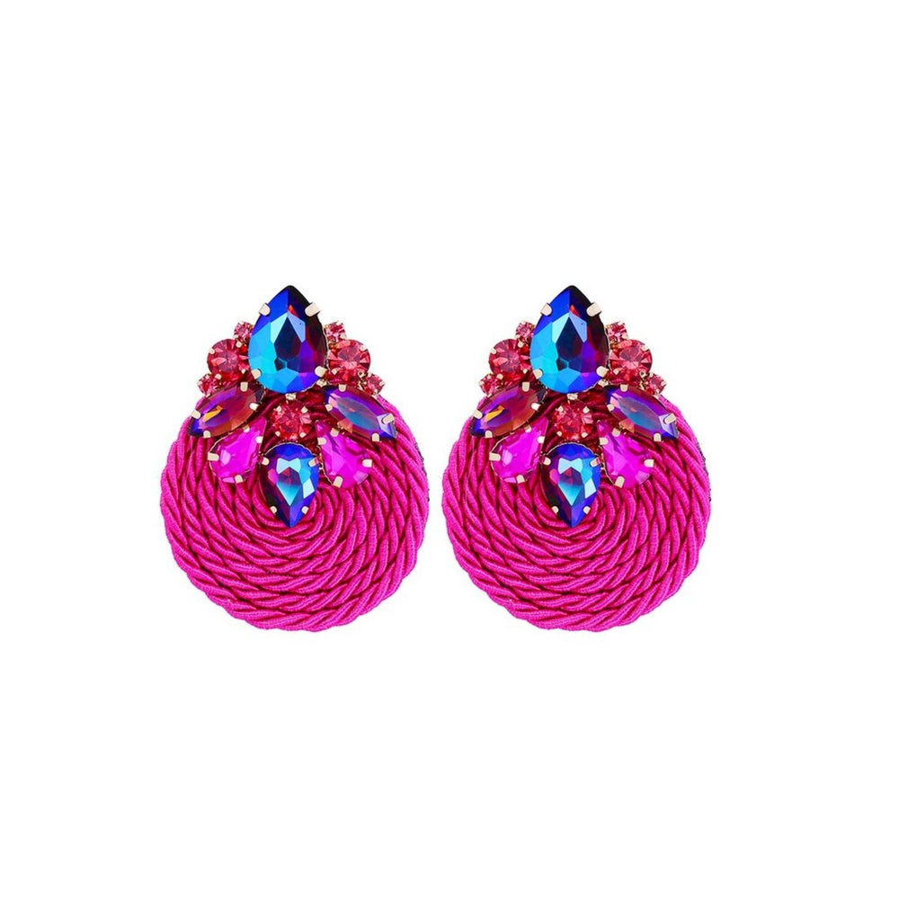 Pink Braided Circular & Blue Crystal Clustered Earrings