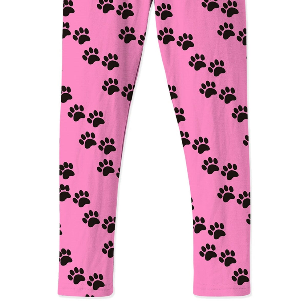 Pink Cat Face & Stripe Print Dress & Paws Print Leggings