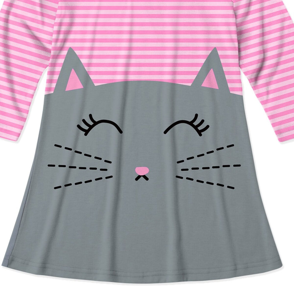 Pink Cat Face & Stripe Print Dress & Paws Print Leggings