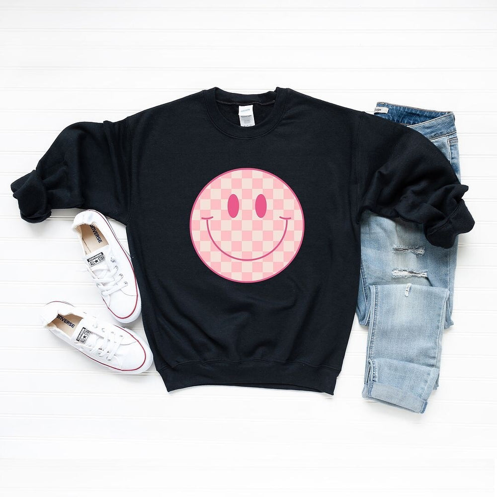 Pink Checker Smiley Face Graphic Sweatshirt