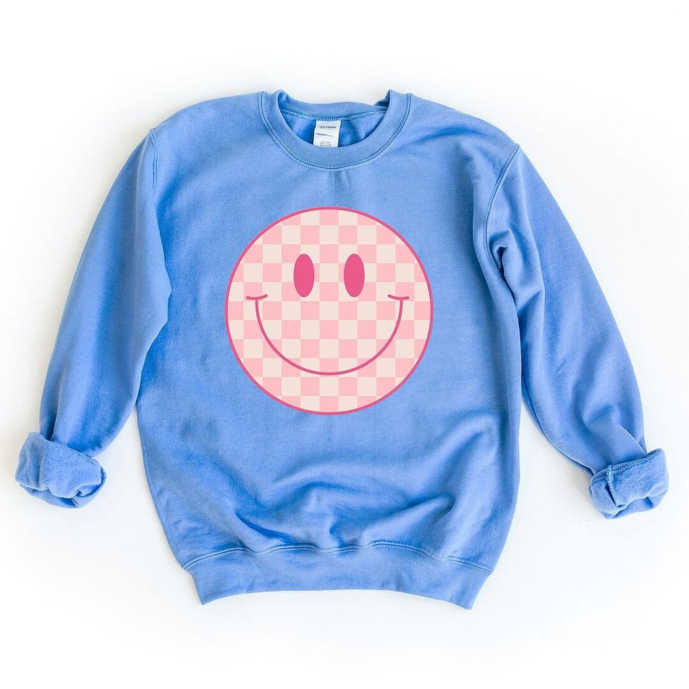 Pink Checker Smiley Face Graphic Sweatshirt