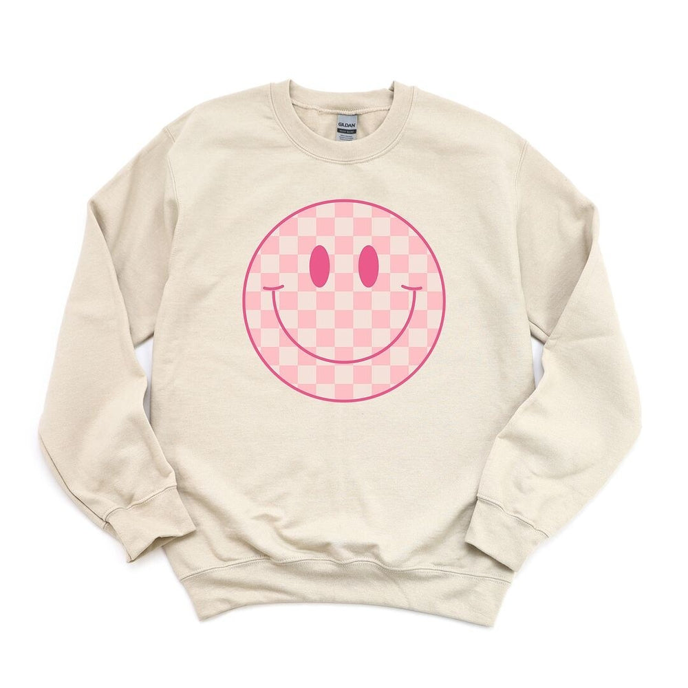 Pink Checker Smiley Face Graphic Sweatshirt