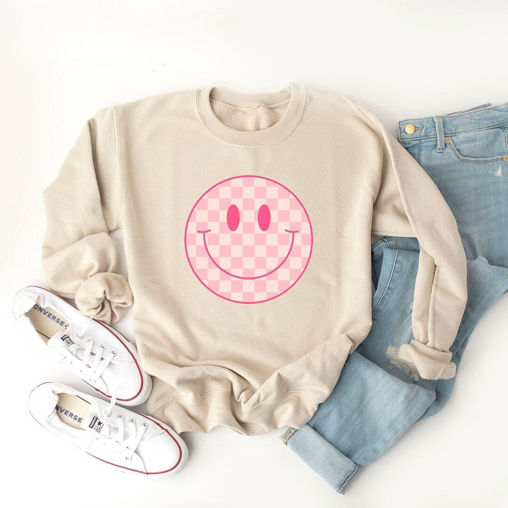 Pink Checker Smiley Face Graphic Sweatshirt