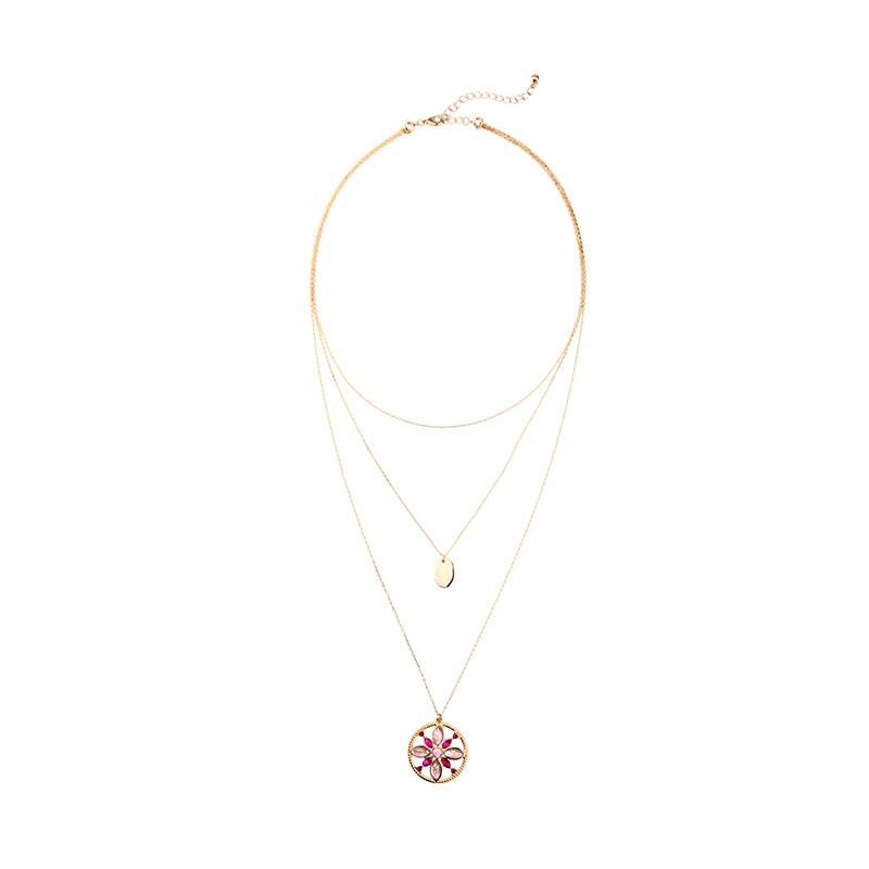 Pink Crystal Flower Goldtone Layered Necklace - White