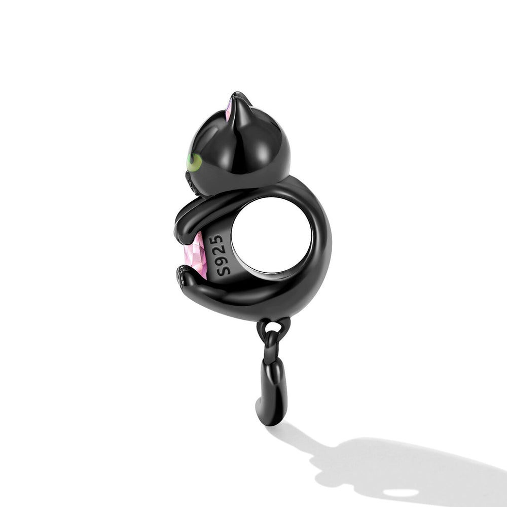 Pink Cubic Zirconia Heart & Black Sterling Silver Cat Charm