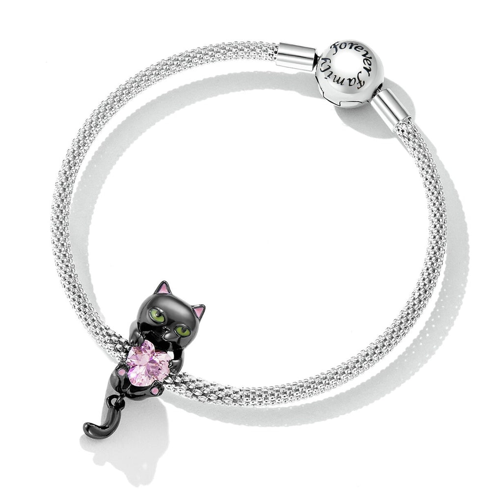 Pink Cubic Zirconia Heart & Black Sterling Silver Cat Charm