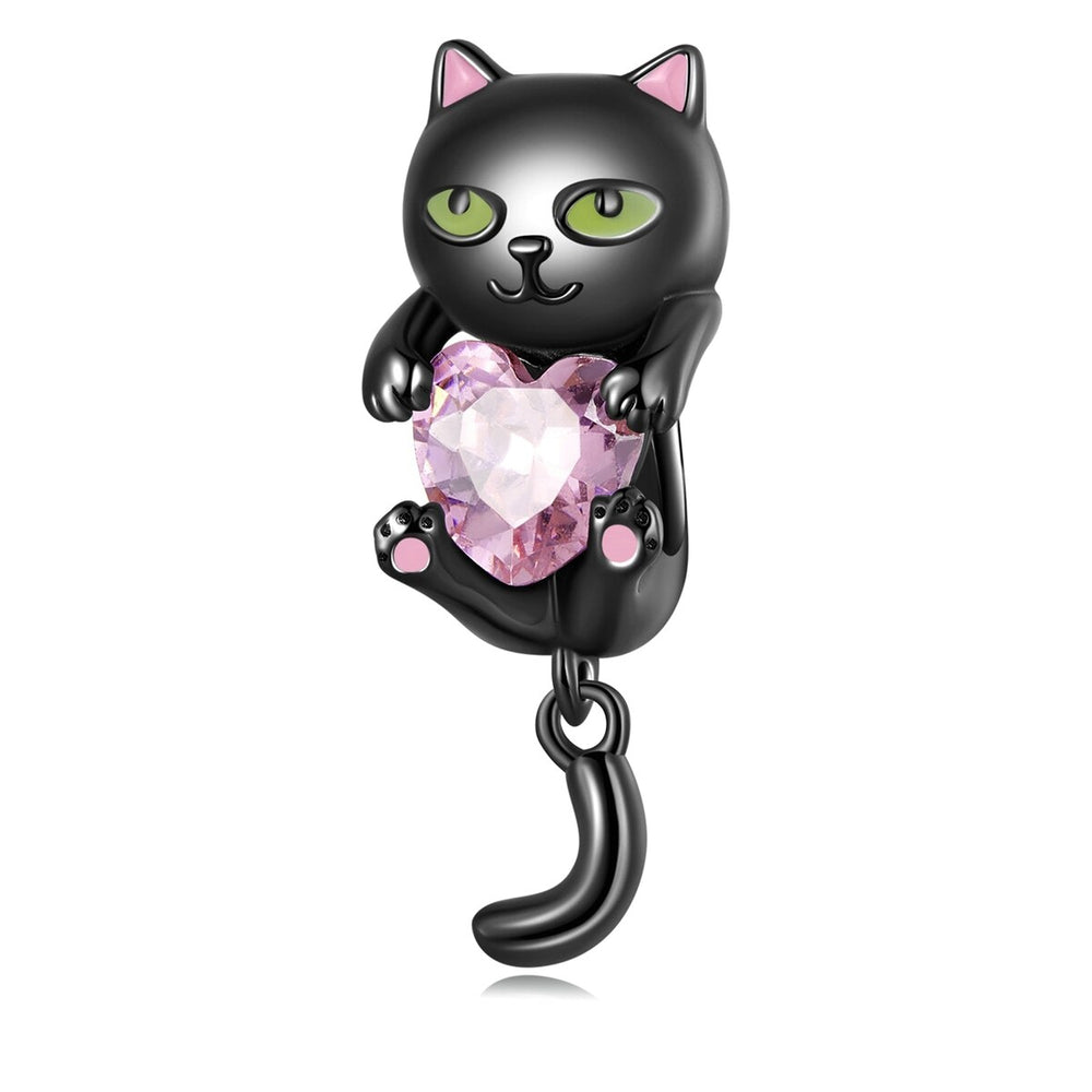 Pink Cubic Zirconia Heart & Black Sterling Silver Cat Charm