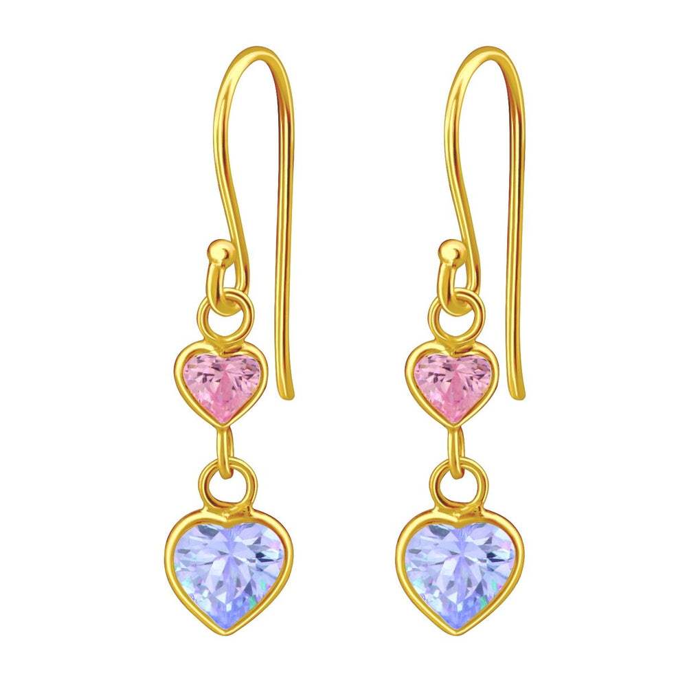 Pink Cubic Zirconia & Sterling Silver 18k Gold-Plated Dual Heart Drop Earrings