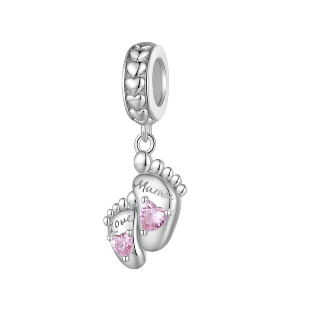 Pink Cubic Zirconia & Sterling Silver Baby Feet Charm