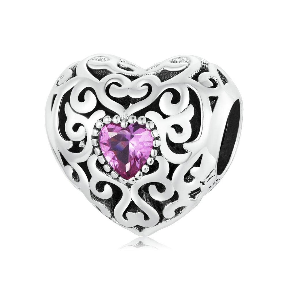 Pink Cubic Zirconia & Sterling Silver Branched Heart Charm