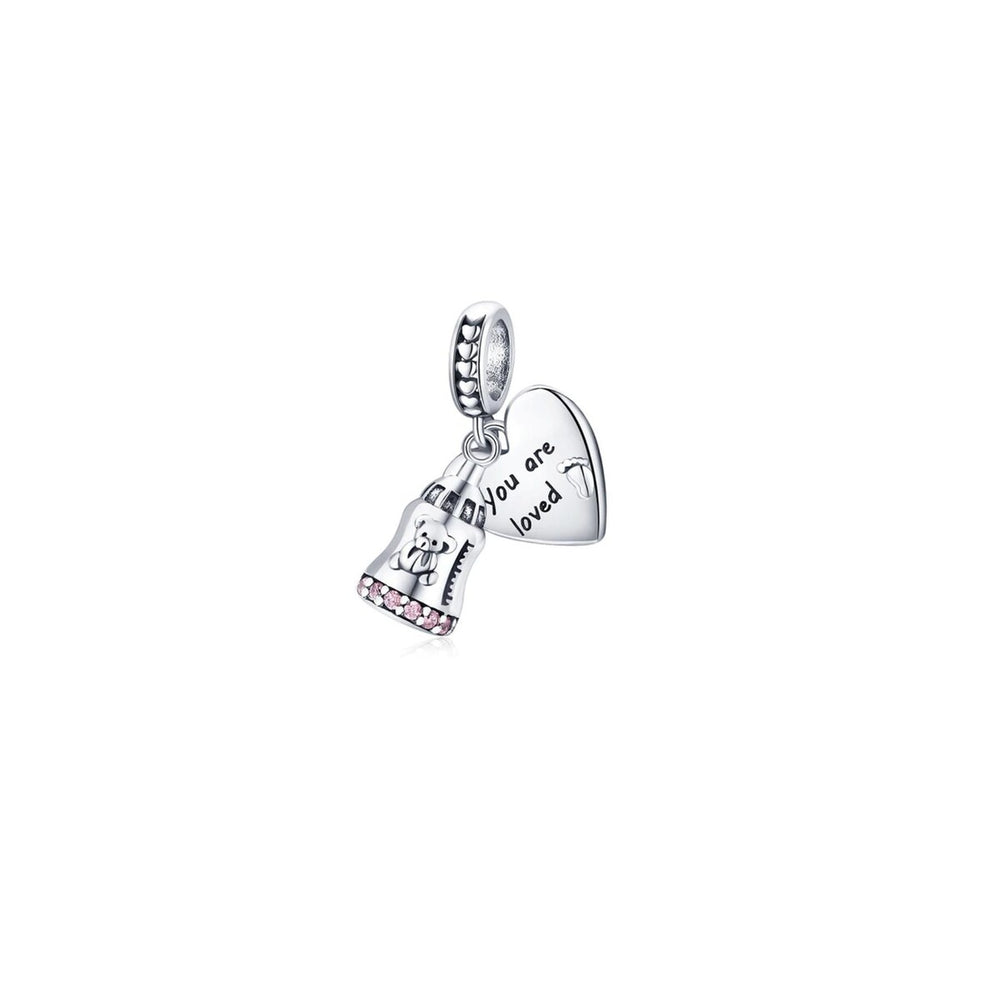 Pink Cubic Zirconia & Sterling Silver Heart & Bottle Charm