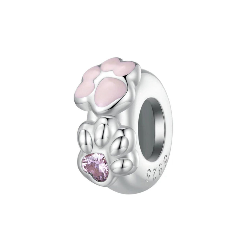 Pink Cubic Zirconia & Sterling Silver Paw Rondelle Charm