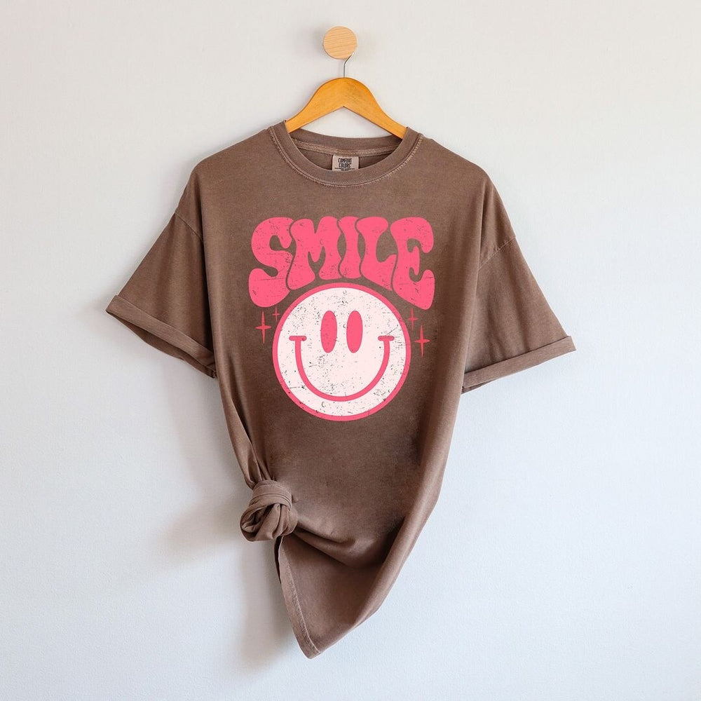 Pink Distressed Smiley Garment Dyed Tee