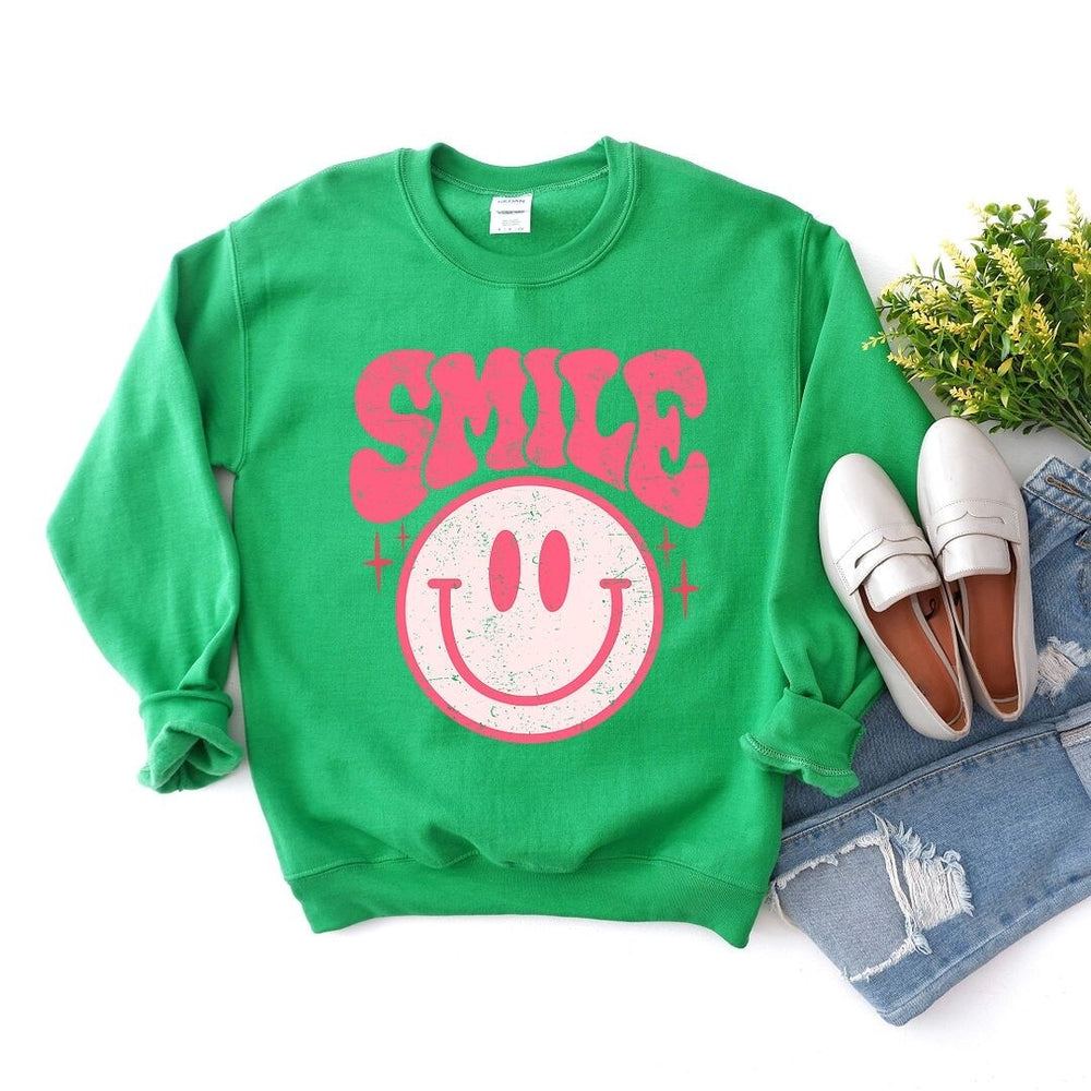 Pink Distressed Smiley Graphic Sweatshirt