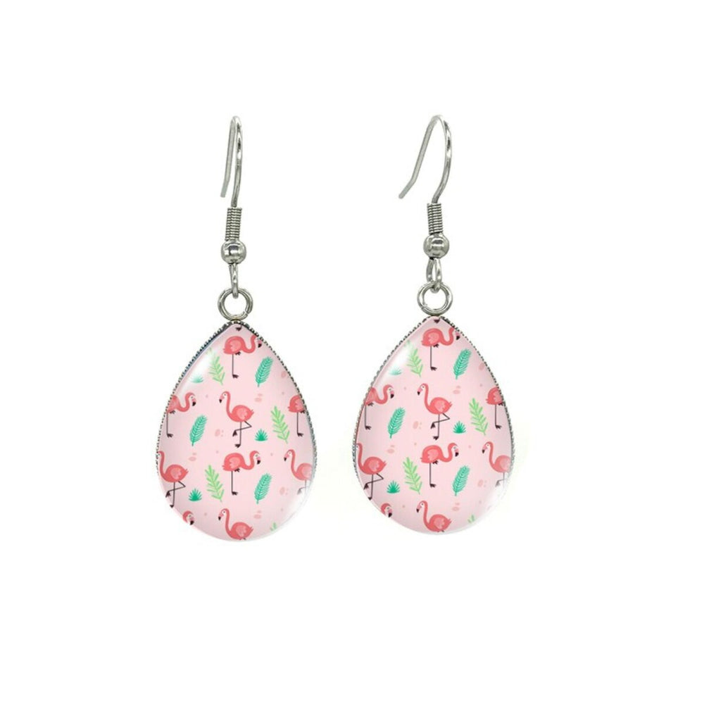 Pink Flamingo Leaves Teardrop Drop Earrings